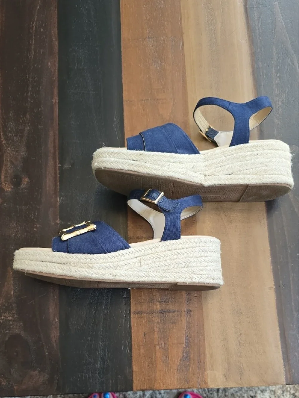 crown & ivy Navy Espadrille Sandals with Gold Buckles